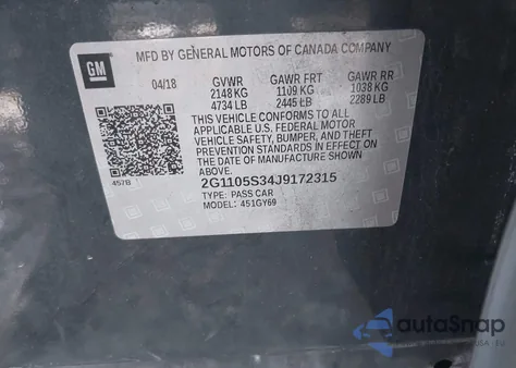 2018 Chevrolet Impala 1Lt z USA, uszkodzony, nr VIN 2G1105S34J9172315